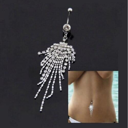2016 New Bohemia Silver Plated Crystal Tassel Dangle Navel Belly Button Ring Bar Piercing Body Piercing Jewelry