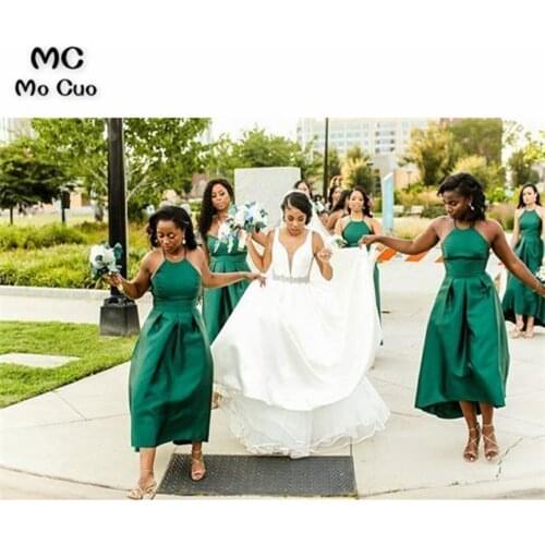 Halter High Low Gown Junior Bridesmaid Dresses Short Wedding Party Dress Sleeveless Satin Pockets Bridesmaid dress