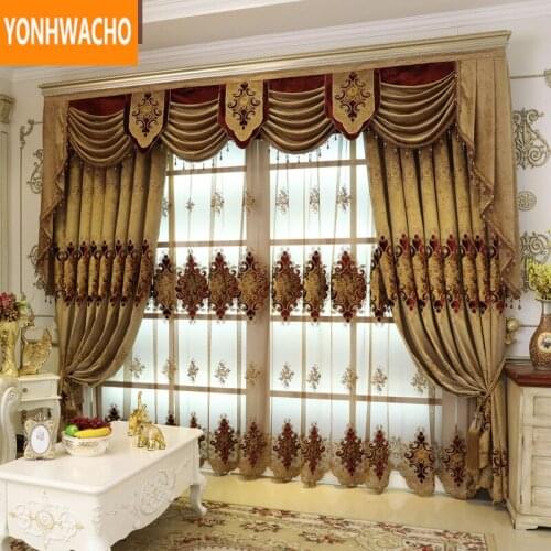 Custom curtains Upscale European luxury noble full shade embroidery chenille cloth blackout curtain tulle valance drape B003