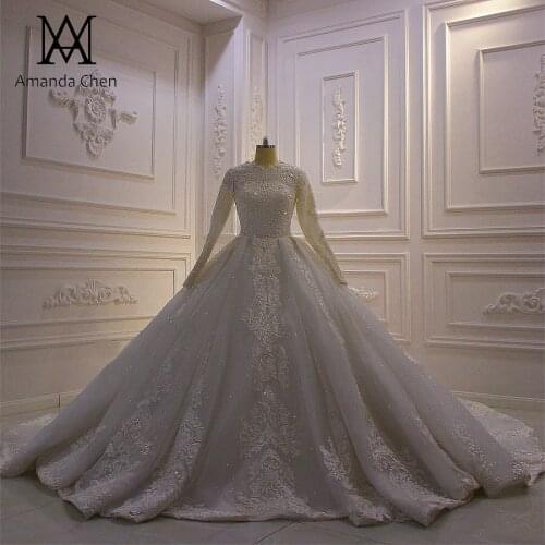 Robe de mariage princesse Long Sleeve Lace Applique Istamic Muslim Wedding Dress 2020