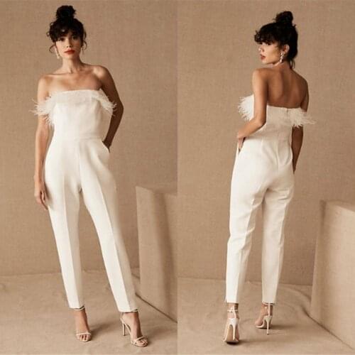 Romantic Jumpsuit Beach Wedding Dresses Ankle Length Feather Sleeveless Outfit Reception Gowns Pant Suit