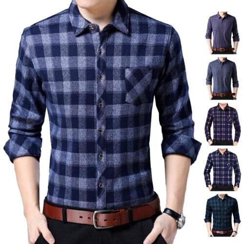 Men Shirts Tops Autumn Long Sleeve Single-breasted Turn Down Collar Plaid Slim Shirt Top Casual Social Streetwear High Quality