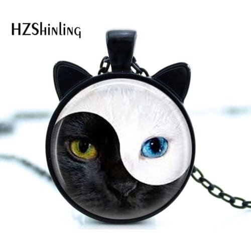 CN-00837 2017 New YIN YANG Cat Necklace Cat Face Pendant Jewelry Cat Ear Pendant Round Glass Necklace HZ2