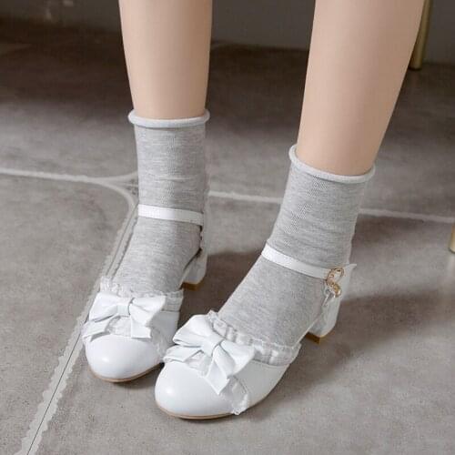 Sweet mid Heels Thick Heels round Toe shallow mouth Women Single Shoes Word Buckle Mid Hollow Solid color women Shoe Size 31-43