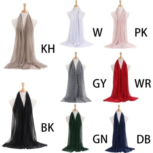 Women Shimmer Hijabs Faux Pearls Beaded Crinkle Shawl Muslim Islamic Turban Glitter Solid Color Scarf Head Covering Wrap