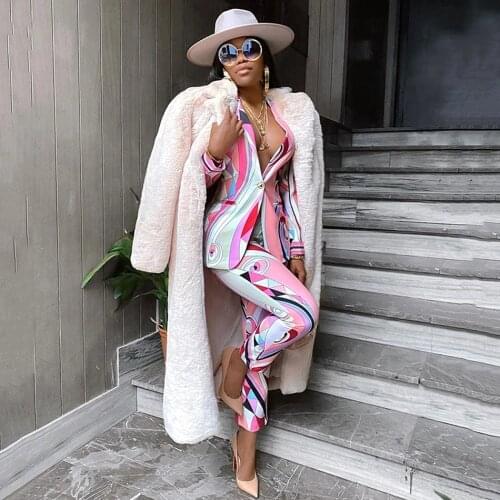 Free Shipping 2021 Spring New Geometric Print WomenS Suit Blazer&Pants 2 Two-Piece Set Casual Party Office Autumn Female