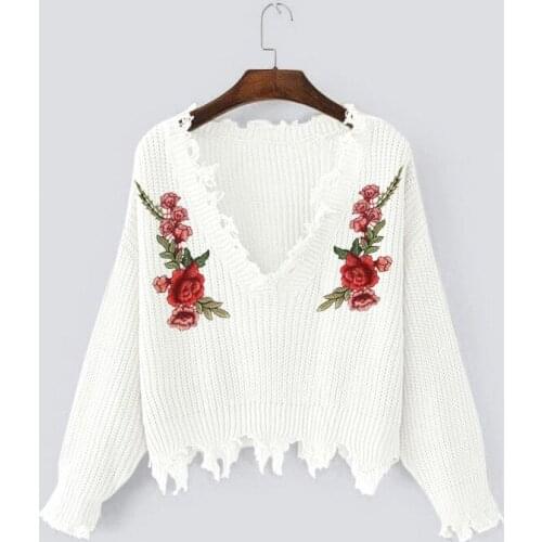 AECU Sweater Female Womens Embroidery Decal Loose Long Sleeve V-Neck Ripped Pullover Tassels Knitted Sweater Pull Femme Hiver