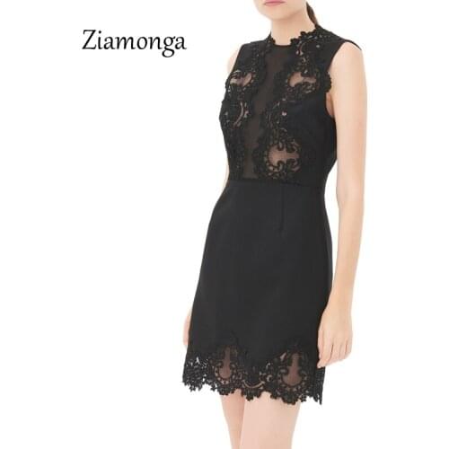 Ziamonga Elegant Black Crochet Lace Dress 2017 Fashion Sleeveless Mini Short A-Line Dress Sexy Vintage Embroidery Women Dress