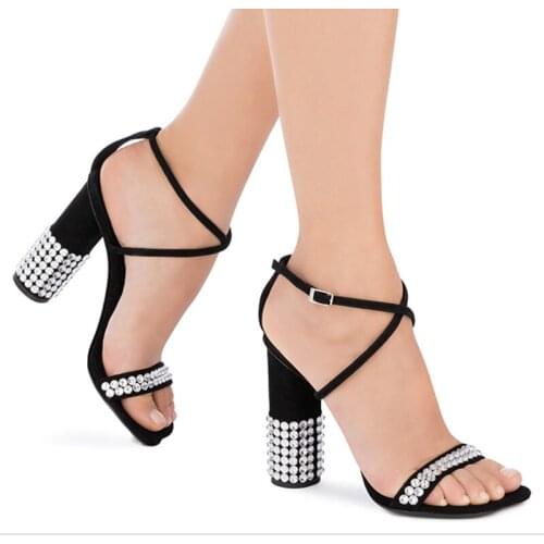 2021 New Summer Sexy High Heel Sandals Thick Heels Diamond Cross Bandage Suede Shoes Women Sandals Womens Party Shoe Sandalias