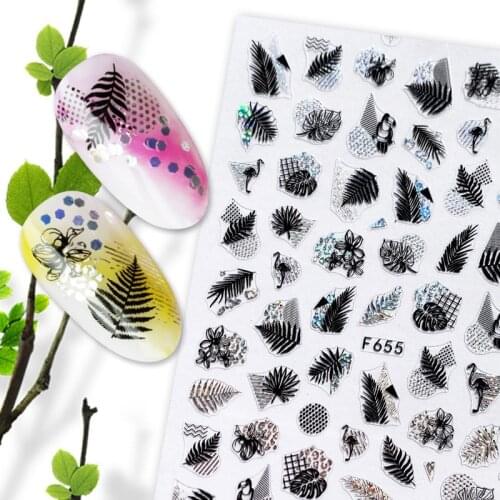 1pcs black laser silver Glitter 3D Nail Decals Stickers Simple Line Leaf Geometry Pattern Adhesive Decor 2021 new year gift