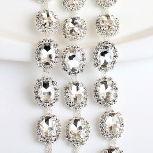 White oval-shaped Fancy Rhinestone Chain DIY Bags, Garment, Shoes, Box, Pen, Furniture, Greeting Cards Wedding dress 1yard