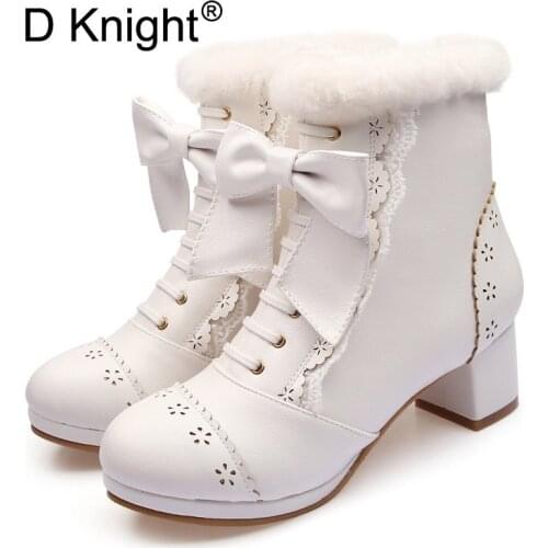 Fashion Lolita Boots Womens High Heel Platform Shoes Bow Original Young Lady Student Lolita Shoe Lace Round Toe Ankle Snow Boot