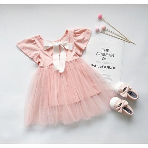 Baby Girls Pink Dress 2020 Princess Toddler 2 Colors Bow Ruffles Short Sleeve A-Line Mini Lace Dress Solid Summer Dresses