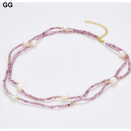 GG Jewelry Natural Faceted Pink Strawberry Quartzs Real Cultured White Rice Pearl Chokers Necklace 17.5" For Women