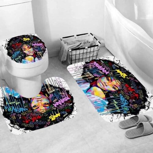 HGHO Charming African Shower Curtains Lady Women Colored Hair Bathroom Set Non-Slip Rugs Toilet Lid Cover Mat