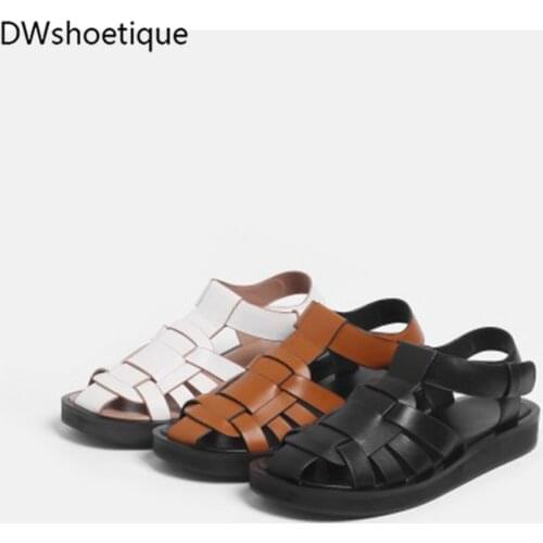 Summer genuine leather women buckle strap sandals casual flat hollow sandals