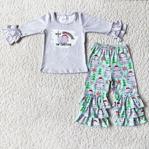 Cute Hippopotamus Pattern Long Sleeve Outfit For Toddler Girls Ready To Ship Itmes Kids Christmas Top And Ruffles Pants Suit