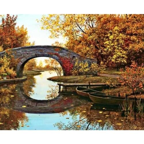 Painting By Numbers DIY Dropshipping40x50 50x65cm Autumn lakeside bridge Scenery Handmade Gift For Adult Unique Gift Home Decor