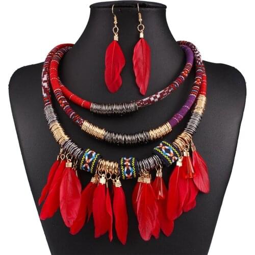2Pcs Feather Tassel Charm Multilayer Choker Lady Statement Necklace Earrings Set