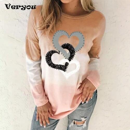 New Women Tee Tie-Dyed Gradient Heart Print T Shirt Women Long Sleeve O Neck Tops Ladies T-shirt Relaxed Loose Tshirt Women