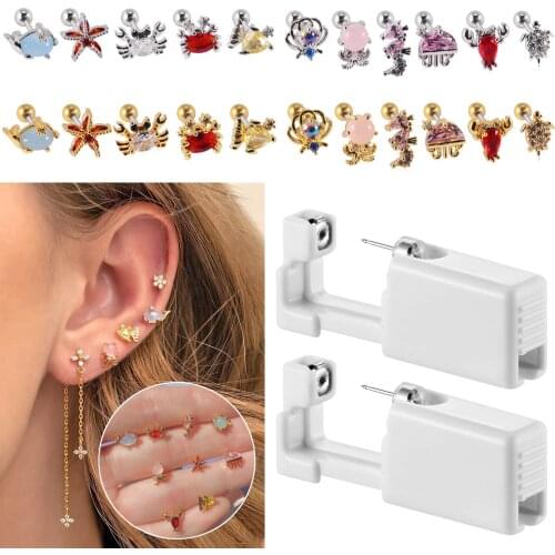 Disposable Self Ear Piercing Gun With Replacement Crystal Ocean Series Lobe Helix Daith Earring NO PAIN Piercer Tool Kit