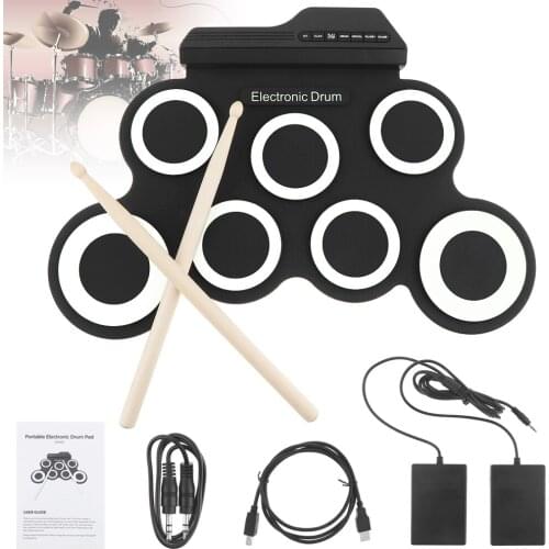 Portable Electronic Digital USB 7 Pads Roll up Set Silicone Electric Drum Kits with Drumsticks and Sustain Pedal