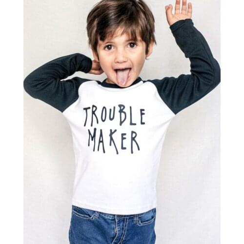 Trouble Maker Kids Boys Girls Autumn T-shirts Long Sleeved T Shirt Kids Raglan Tee Shirts Fashion Tops Clothes Drop Ship