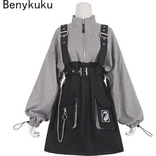 Gothic Girls Punk Mini Dress 2021 Retro Vintage Women Sweater Dresst Long Sleeve Hat Collar Gray Black Lolita Plus Size Jurken