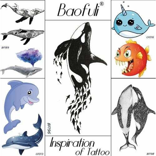 Baofuli Black Dolphin Whale Waterproof Tattoos Prianha Cartoon Children Temporary Tattoos Sticker Ocean Fish Group Fake Tatoos