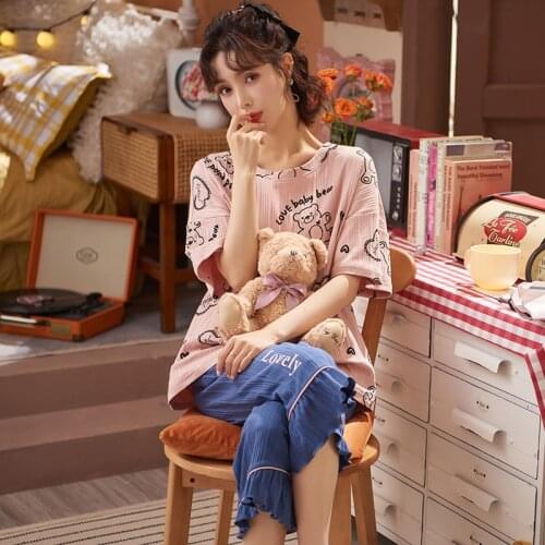 Plus Size Homewear Kawaii Pink Cartoon Baby Bears Sleepwear Summer Womens Pajamas Cotton Casual Short Sleeved Feminine Pajamas