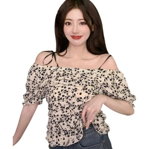 Female Summer One-shoulder Chiffon Floral Shirt French Niche Puff Sleeve Strapless Short Sleeve Top