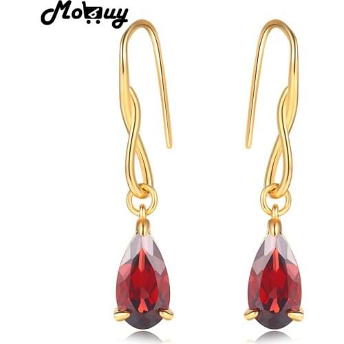 MoBuy Drop Earring For Women Water Drop 100% Natural Red Garnet 925 Sterling Silver Gold Color Jewelry EI078