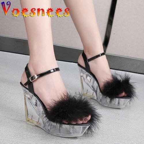 Voesnees Shoes For Women Wedges Waterproof Platform Sandals 2021 New Fur Lovely Crystal Heel High Heels 10cm Ladies Party Shoes