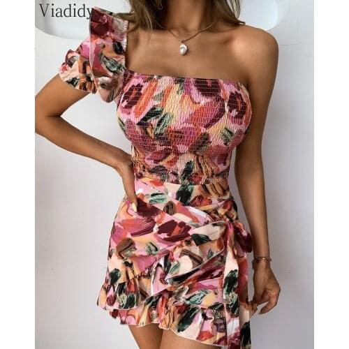 Women Sweet 2pcs Suit Floral Print Single Shoulder Shirring Backless Bandeau Top and High Waist Ruched Ruffles Skirts