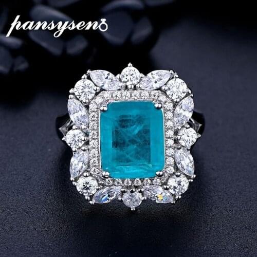 PANSYSEN Luxury 925 Sterling Silver Paraiba Tourmaline Gemstone Ring Cocktail Diamond Fine Jewelry Rings for Women Wholesale