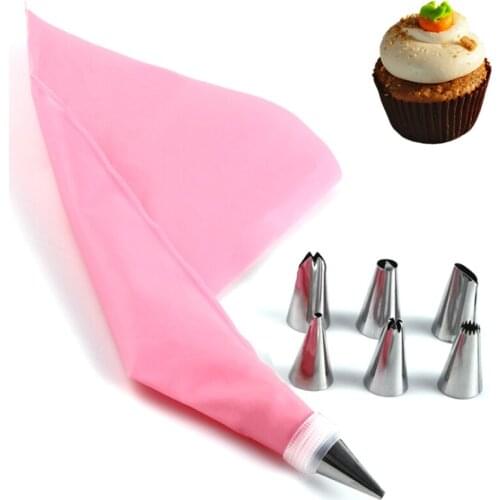 8Pcs/Set Silicone Kitchen Accessories Icing Piping Cream Pastry Bag 6 Stainless Steel Nozzle Set DIY Cake Decorating Tips Set