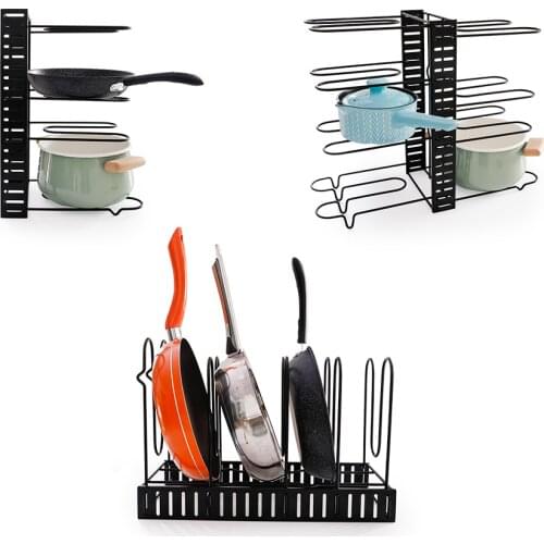 BAOYOUNI 8 Tier Adjustable Pan Rack Cookware Pot Lid Organizer Board Holder Kitchen Tools Storage Rack DIY Assembly Black Metal