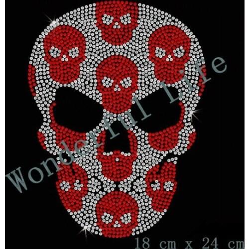 Free Shipping Fashion Skull Design Rhinestones Transfer Motif Heat Transfer in Red with white clear crystal
