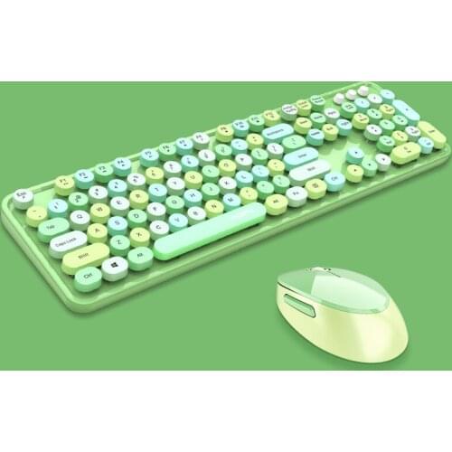 Green Pink 2 in 1 Combos 2.4GHz Wireless Keyboard and Mouse Combo Retro Punk Keycaps Full-Sized Keyboard 1600DPI Optical Mouse