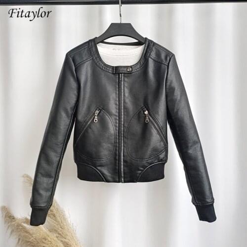 Fitaylor Faux Leather Jacket Women O-neck Casual Biker Jackets Female Motorcycle Coat Plus Size 4XL Soft PU Basic Black Outwear