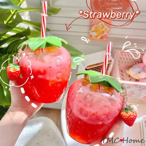 Cute Strawberry Straw Water Cup Juice Bottles Reusable Cup Cold Pink Drinkware Strawberry Accessories for Children