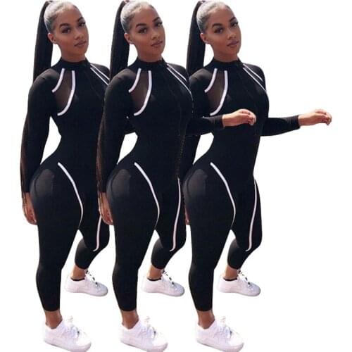 S7206 Fashion Bandage Long Sleeve Mesh Patchwork One Piece Jumpsuits