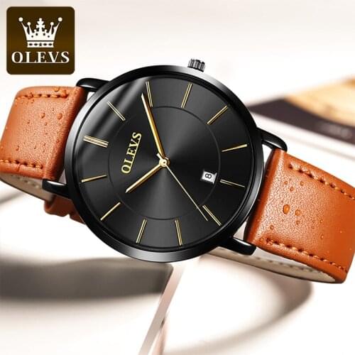 OLEVS 2021 New Business Mens Quartz Breathable Ultra Thin Dial 30M Waterproof Luminous Fashion Watch Leather Strap Watches 5869