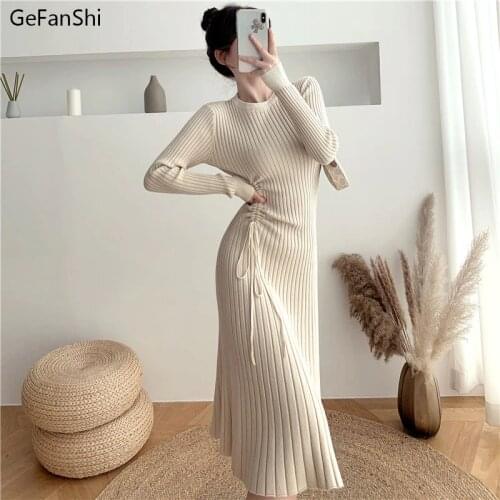 2012 New Fashion Autumn Winter Women Dresses Casual Long Sleeves O-Neck Drawstring Knitting Dress Elegant Slim Office Lady Dress