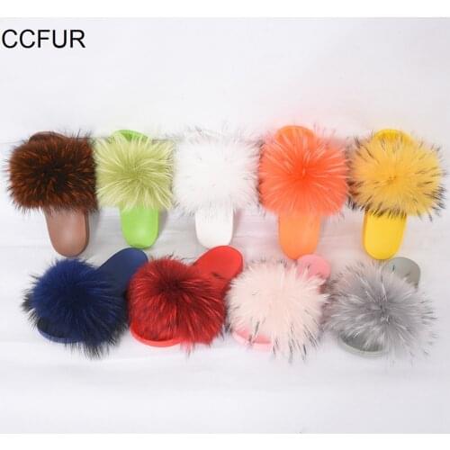 New Colors Womens Real Raccoon Fur Slippers 14cm Wider Fur Fluffy Slides Soft Sliders Fashion Style Summer Lady Shoes S6053
