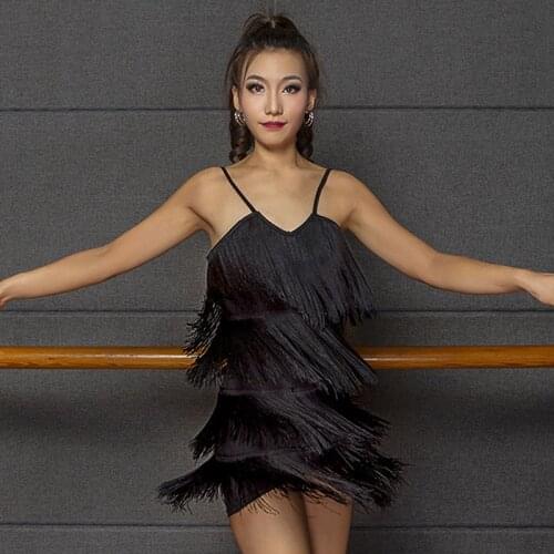 Latin Dance Dress Female Adult Black Four-Layer Tassel Sexy Backless Dresses Tango Salsa Cha Cha Samba Rumba Stage Wear DNV12971