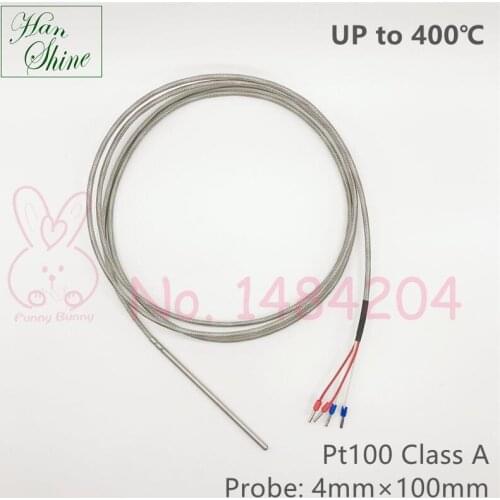 Pt100 Up to 400 Degree Celsius 4mm * 100mm Class A Precise Temperature Sensor 4 Wire Fiberglass Stainless Steel Braided Cable 2m