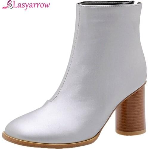 Lasyarrow PU silver luxury ankle boots women high heels booties size 32-48 ladies round toe winter Chelsea boots footwear J1046