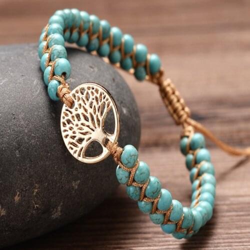 SHOWBOHO Life Tree Charm Bracelet Double 4mm Turquesa Bangle Meditation Yoga Lucky Friendship