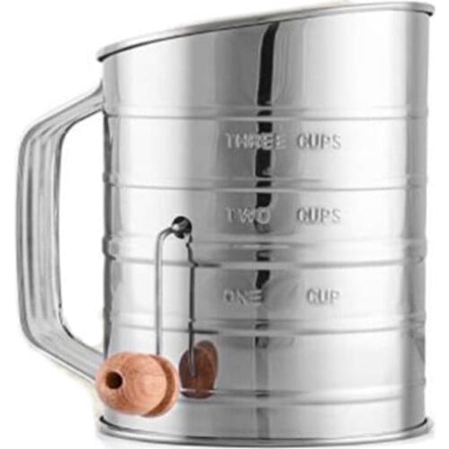 3 Cup Stainless Steel Flour Sifter - Fine Mesh Rotary Hand Crank Flour Sifter with Agitator Wire Loop for Baking Cakes